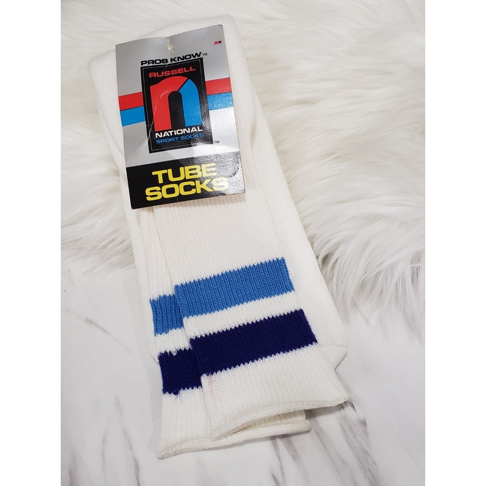 NEW VINTAGE DEADSTOCK Tube Socks Russell National Sport 1980s 90s mens blue whit